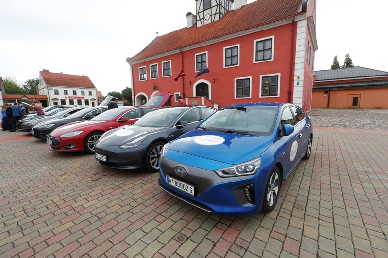 Electric cars are parked for display during E-Rallye Baltica 2019 in Bauska