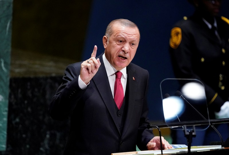 FILE PHOTO: Turkey's President Recep Tayyip Erdogan addresses the 74th session of the United Nations General Assembly at U.N. headquarters in New York City, New York, U.S.