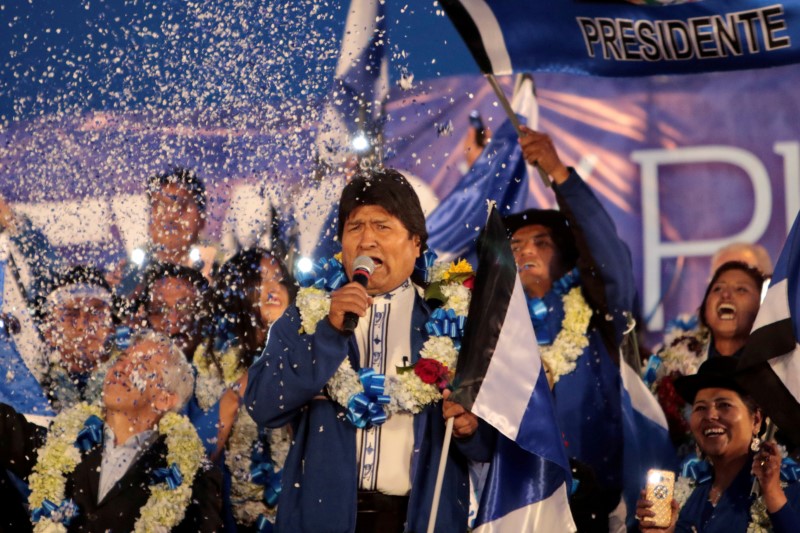 FILE PHOTO: Bolivia's President and current presidential candidate for the Movement for Socialism (MAS) party Evo Morales speaks during a closing campaign rally in El Alto