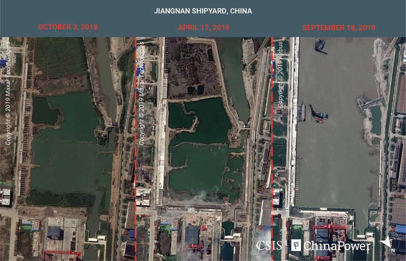 A combination image of satellite photos shows Jiangnan Shipyard in Shanghai
