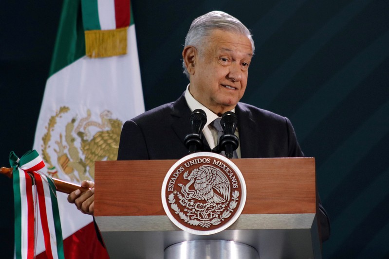 Mexico's President Andres Manuel Lopez Obrador holds his daily news conference in Oaxaca