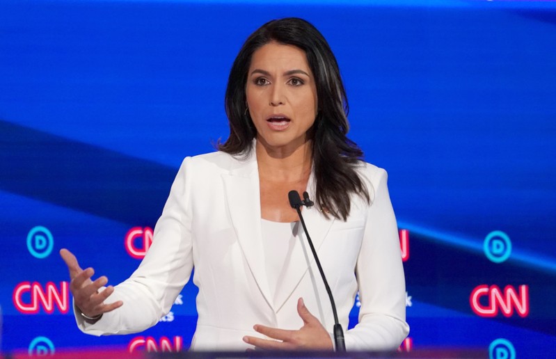 Democratic presidential candidate Rep. Tulsi Gabbard speaks during the fourth U.S. Democratic presidential candidates 2020 election debate in Westerville, Ohio