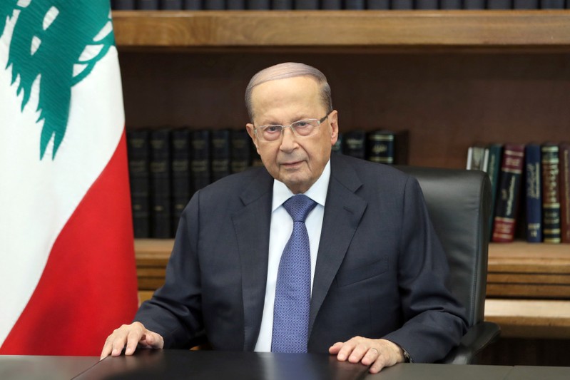 Lebanon's President Michel Aoun is pictured as he addresses the nation at the Baabda palace