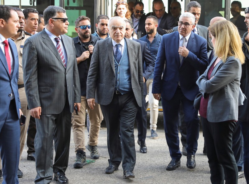 The U.N. Envoy for Libya, Ghassan Salame, walks after reopening of the Mitiga airport in Tripoli