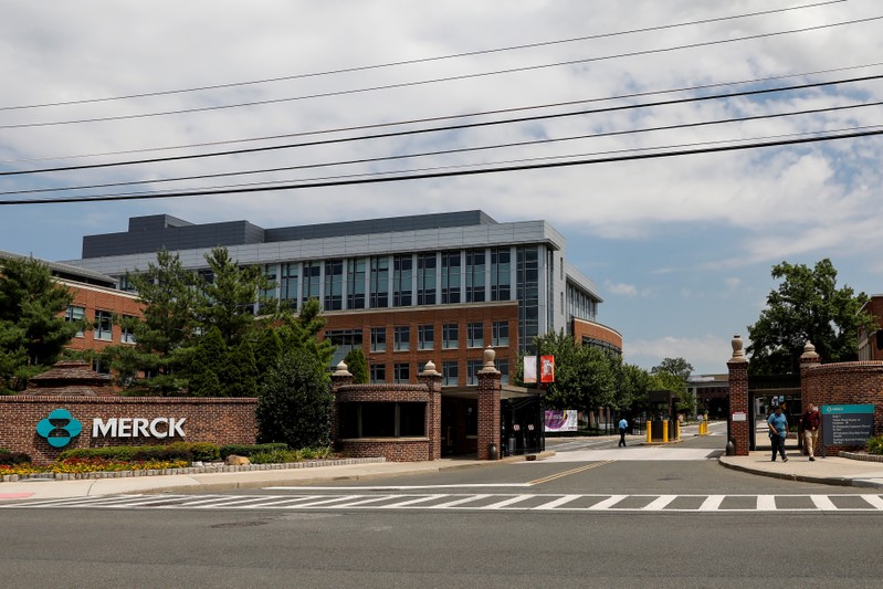 The Merck logo is seen at a gate to the Merck & Co campus in Linden, New Jersey