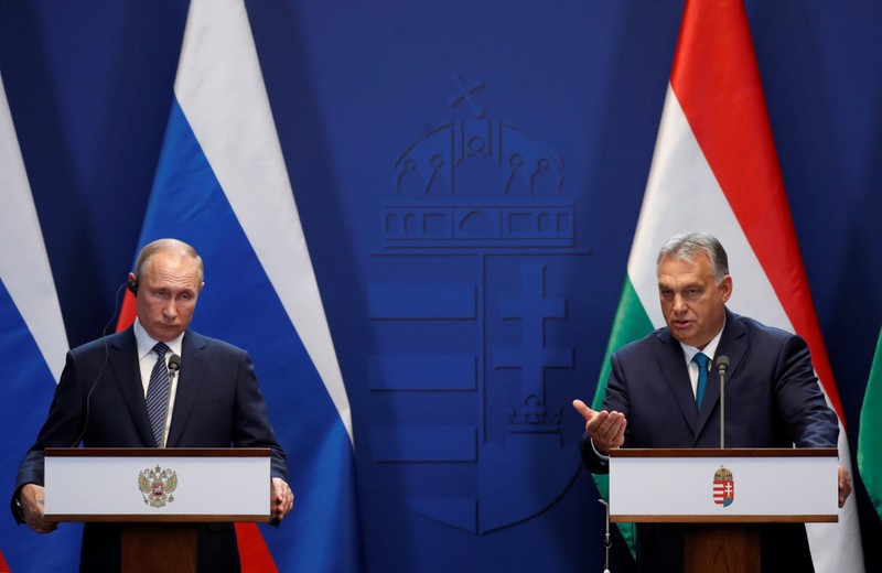 Hungarian Prime Minister Viktor Orban and Russian President Vladimir Putin attend a news conference following their talks in Budapest