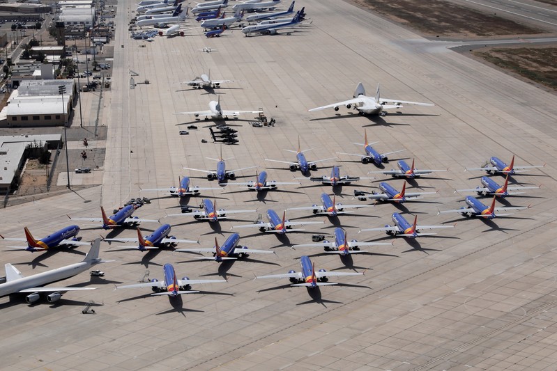 A number of grounded Southwest Airlines Boeing 737 MAX 8 aircraft are shown parked at Victorville Airport in Victorville, California