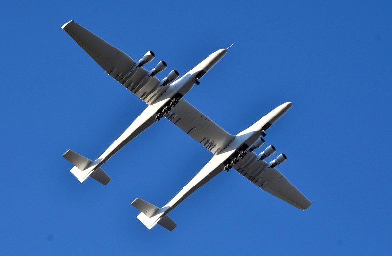 FILE PHOTO: The world's largest airplane, built by the late Paul Allen's company Stratolaunch Systems, makes its first test flight in Mojave