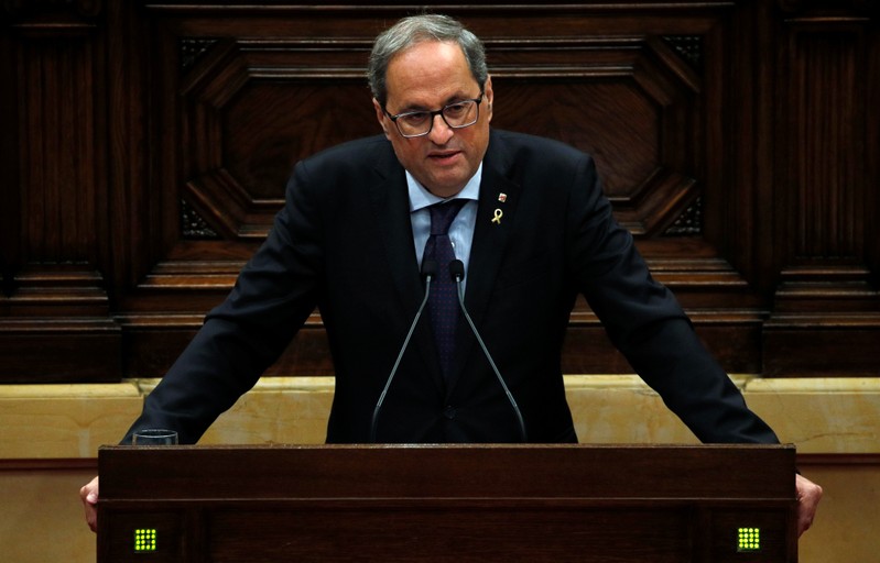 Catalan leader Quim Torra appears in the regional parliament after Spain's Supreme Court jailed nine separatist leaders, triggering violent protests in the region, in Barcelona