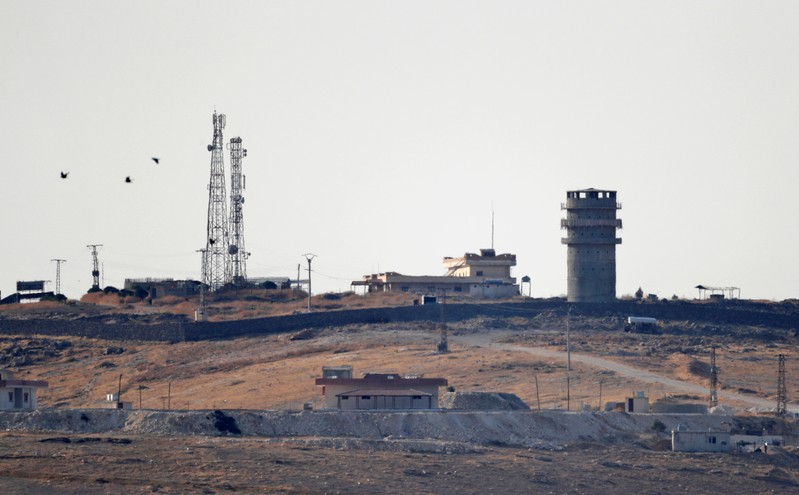 An abandoned U.S. observation post is seen from the Turkish border town of Suruc