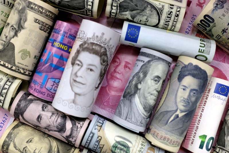 FILE PHOTO: Euro, Hong Kong dollar, U.S. dollar, Japanese yen, British pound and Chinese yuan banknotes are seen in this picture illustration