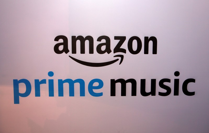 A banner displaying the Amazon Prime Music logo is seen in Mumbai