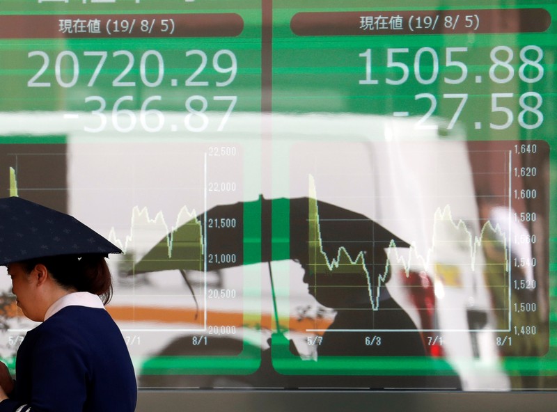 GLOBAL-MARKETSA woman walks past in front of an electric screen showing Japan's Nikkei share average outside a brokerage in Tokyo