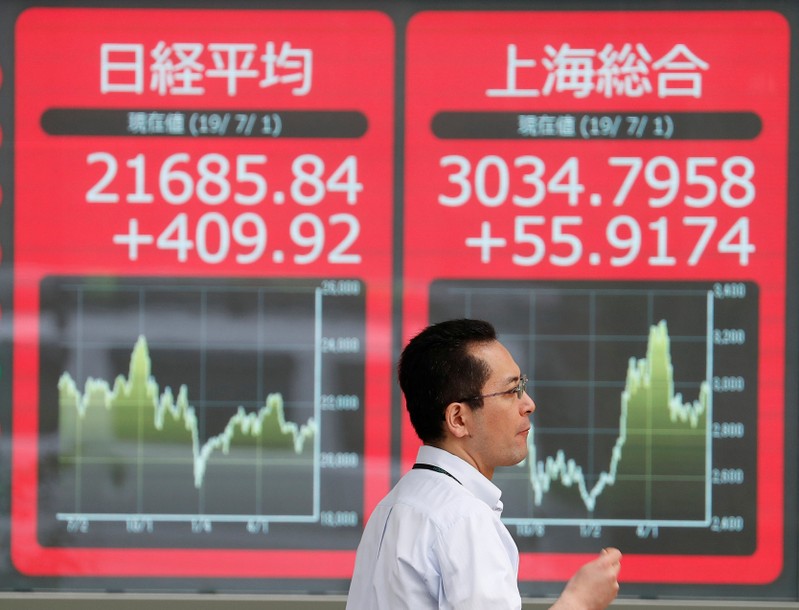 FILE PHOTO: A man walks past an electric screen showing Japan's Nikkei and Shanghai Stock Exchange markets' indices outside a brokerage in Tokyo