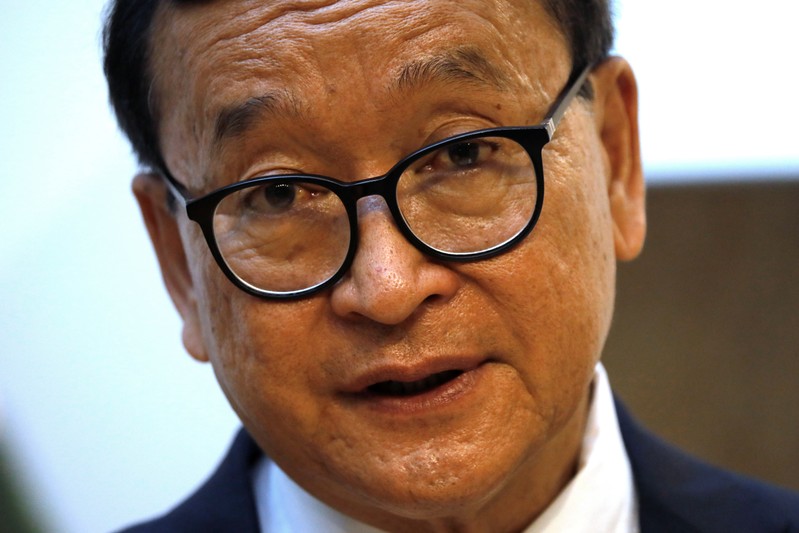 Self-exiled Cambodian opposition party founder Sam Rainsy attends an interview with Reuters in Paris