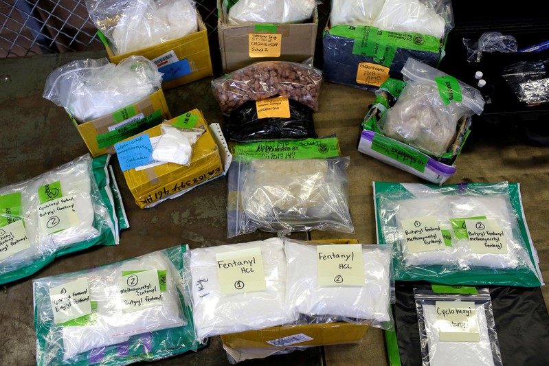 FILE PHOTO: Plastic bags of Fentanyl are displayed on a table in the U.S. Customs and Border Protection area of the International Mail Facility at O'Hare International Airport in Chicago