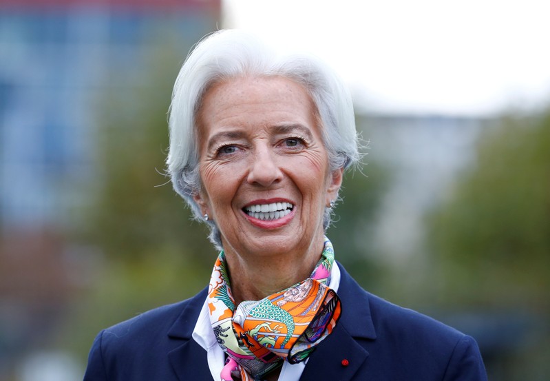 FILE PHOTO: European Central Bank's President Lagarde answers journalists' questions as she arrives at the ECBs headquarter in Frankfurt