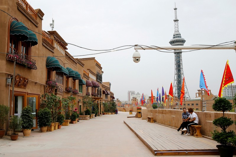 FILE PHOTO: A security camera is placed in a renovated section of the Old City in Kashgar