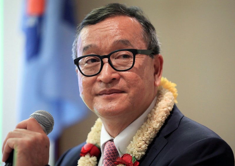 FILE PHOTO: Cambodian opposition leader Sam Rainsy delivers a speech to members of the CNRP at a hotel in metro Manila, Philippines