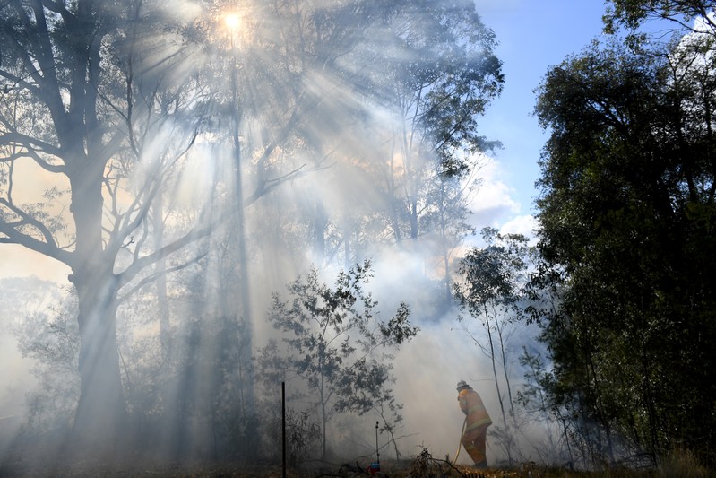 NSW Rural Fire Service crews burn a containment line around a property at Colo Heights