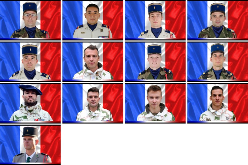 A combination picture shows the portraits of the thirteen French soldiers who were killed in Mali