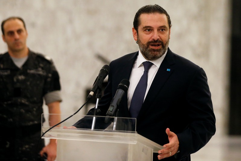 Lebanon's caretaker Prime Minister Saad al-Hariri speaks after meeting with President Michel Aoun at the presidential palace in Baabda