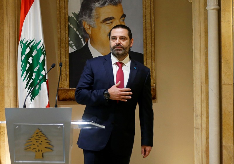 FILE PHOTO: Lebanon's PM Saad al-Hariri gestures as he leaves after delivering his address in Beirut