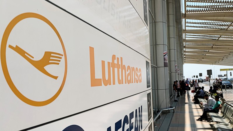Deutsche Lufthansa sign is seen in front of the airport terminal at Cairo International Airport in Cairo