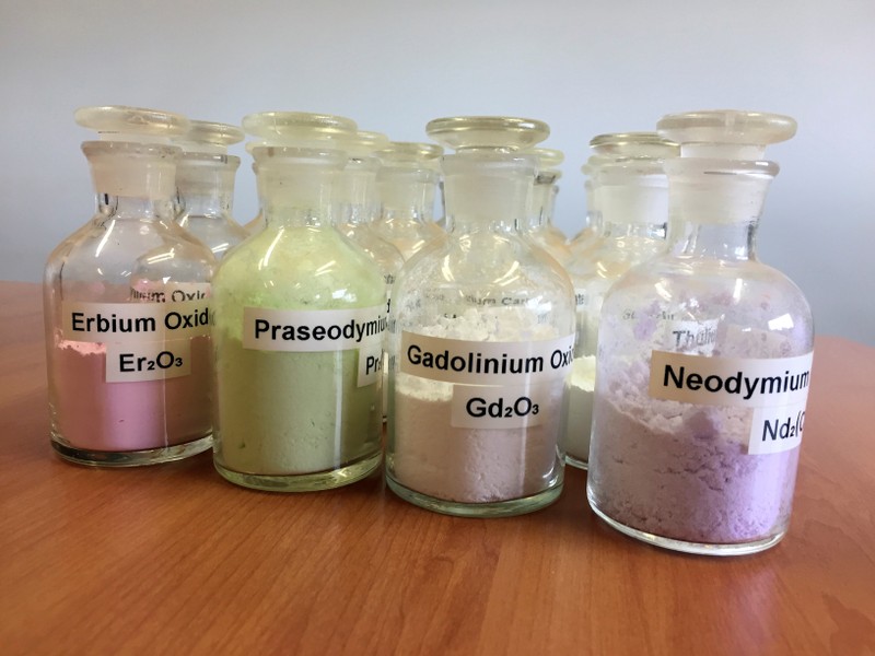 FILE PHOTO: Jars containing rare earth minerals produced by Australia's Lynas Corp from its Mount Weld operations are seen near Laverton, Australia