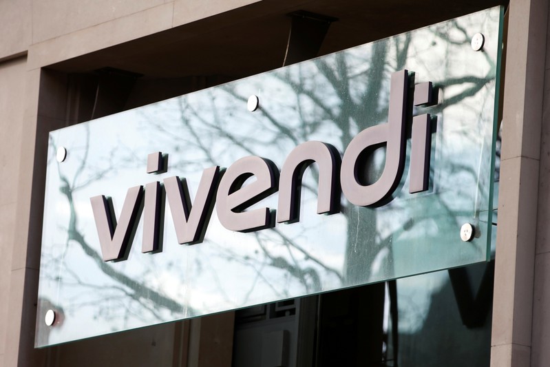 FILE PHOTO: The Vivendi logo is pictured at the main entrance of the entertainment-to-telecoms conglomerate headquarters in Paris