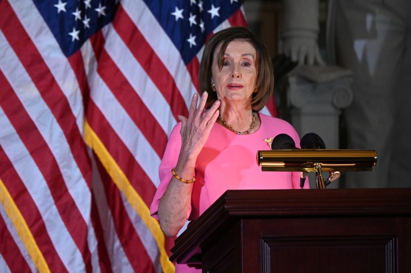 Speaker of the House Pelosi speaks at the unveiling of the congressional portrait of Former House Speaker Boehner at the U.S. Capitol in Washington