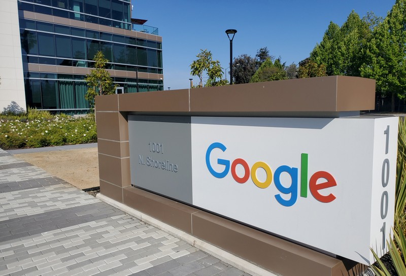 FILE PHOTO: FILE PHOTO: A sign is pictured outs a Google offcie near the company's headquarters in Mountain View, California