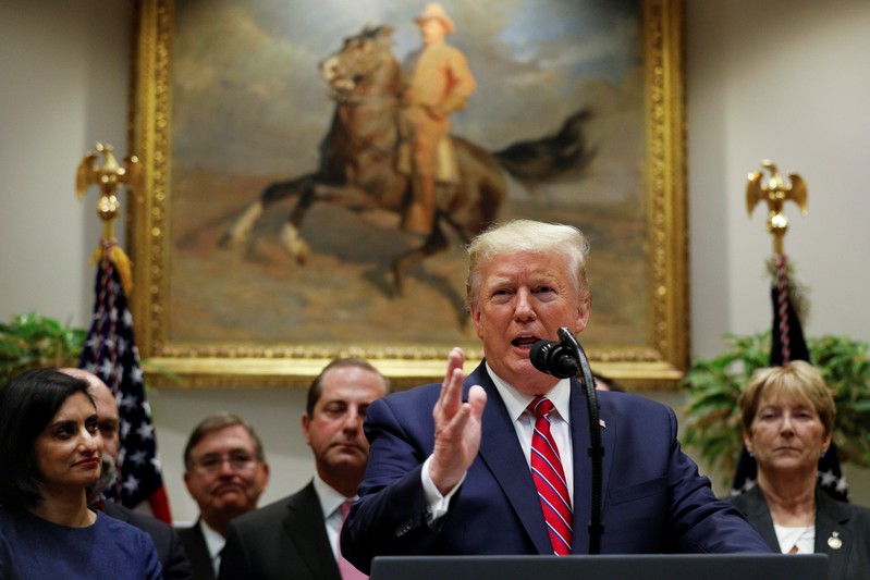 U.S. President Donald Trump delivers remarks on honesty and transparency in healthcare prices inside the Roosevelt Room at the White House in Washington