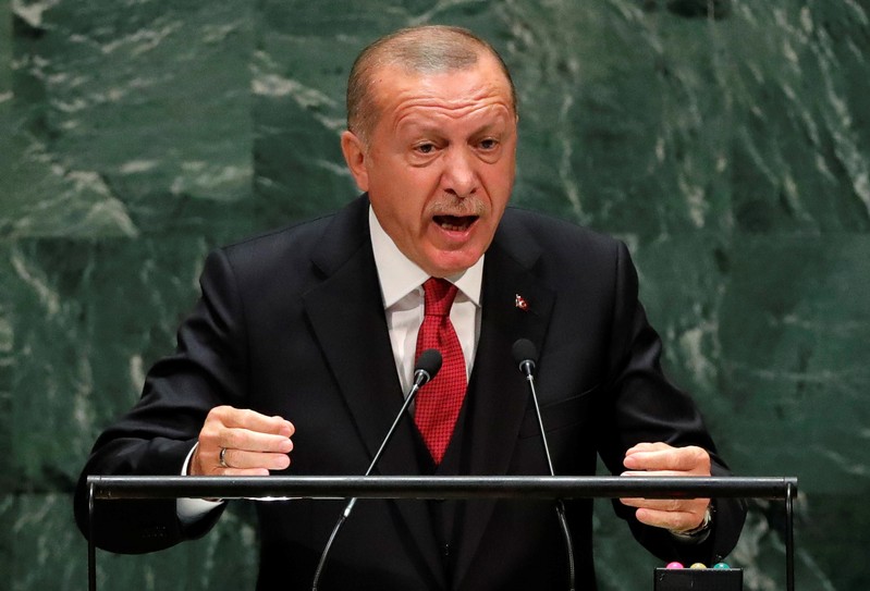 FILE PHOTO: Turkey's President Recep Tayyip Erdogan addresses the 74th session of the United Nations General Assembly at U.N. headquarters in New York City, New York, U.S.