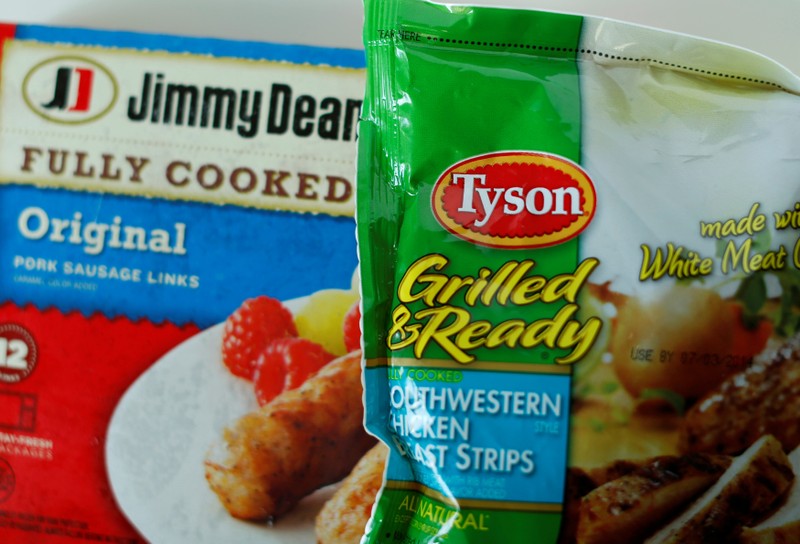 FILE PHOTO: Tyson foods Inc and Hillshire Brands Jimmy Dean sausages are shown in this photo illustration in Encinitas