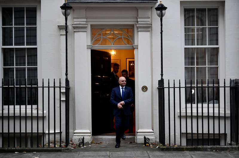 FILE PHOTO: Britain's Chancellor of the Exchequer Sajid Javid leaves his office in Downing Street in London