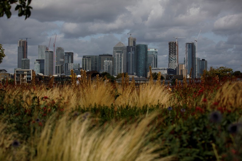FILE PHOTO: The Canary Wharf financial district stands beyond the Greenwich Maritime Museum in London