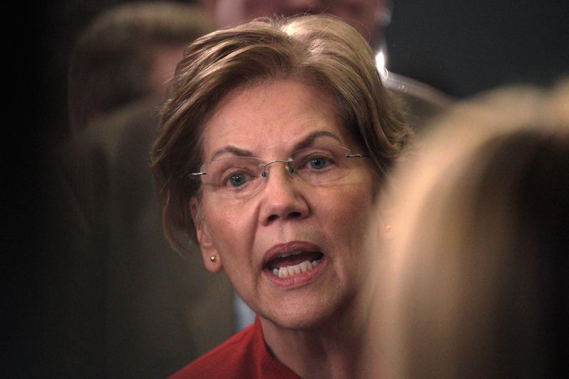 Senator Elizabeth Warren does an interview in the spin room after the sixth 2020 U.S. Democratic presidential candidates campaign debate at Loyola Marymount University in Los Angeles