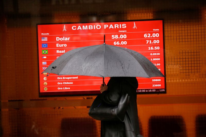 FILE PHOTO: A person carrying an umbrella walks past an electronic board showing currency exchange rates, in Buenos Aires