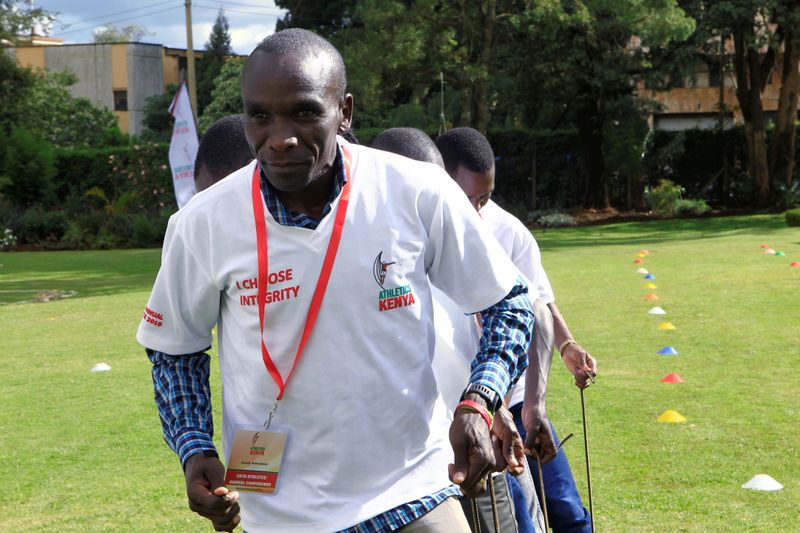 FILE PHOTO: Eliud Kipchoge, the marathon world record holder, takes part in a team building exercise during 2019 Athletes Annual Conference in Eldoret