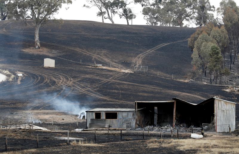 A burnt shed on scorched earth is pictured at Woodside in Adelaide