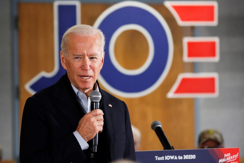 Democratic 2020 U.S. presidential candidate and former U.S. Vice President Joe Biden speaks during a meeting at Chickasaw Event Center in New Hampton, Iowa