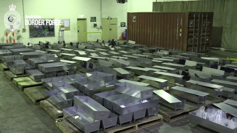Still image from an Australian Border Force handout video shows some of the 200 aluminium barbeques used to smuggle 645kg of MDMA in Sydney