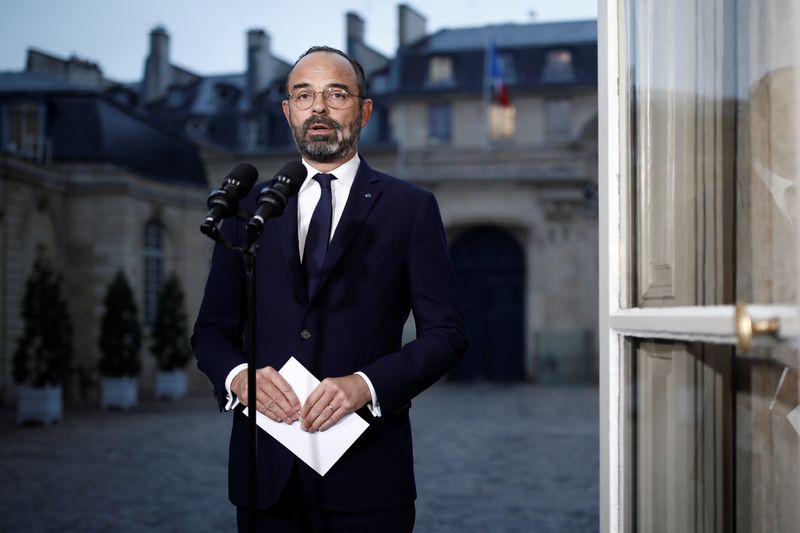 French Prime Minister Edouard Philippe delivers a statement about the pensions reform plan at the Hotel Matignon in Paris