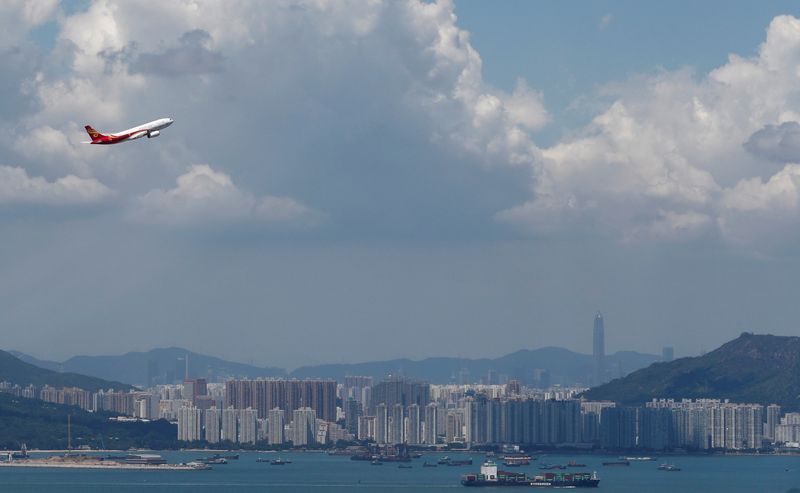 A Hong Kong Airlines plane takes off from the Hong Kong International Airport