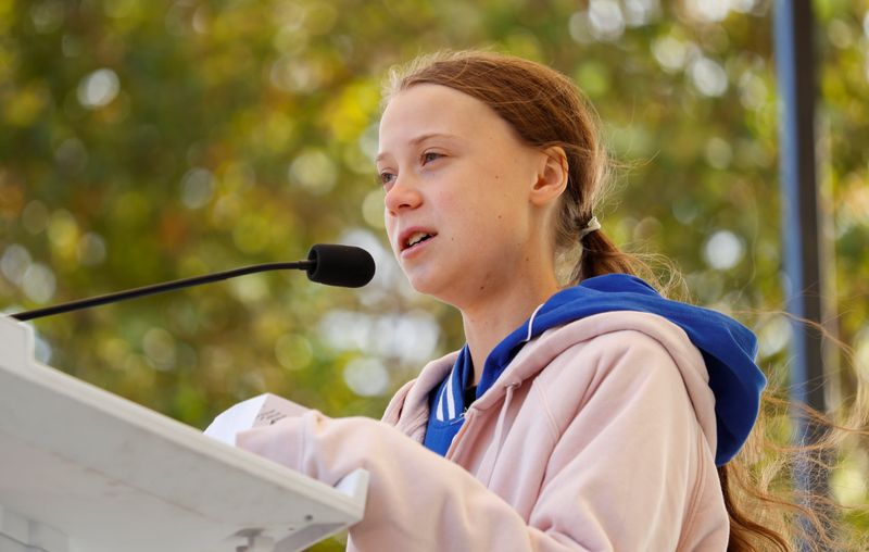 Swedish teen environmental activist Greta Thunberg speaks at a climate change rally in Charlotte