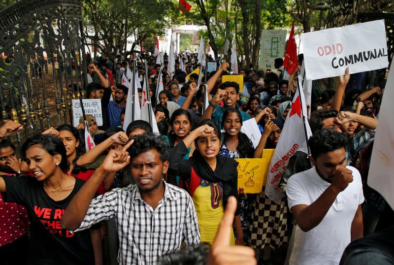 Students shout slogans during a protest march against a new citizenship law, in Kochi