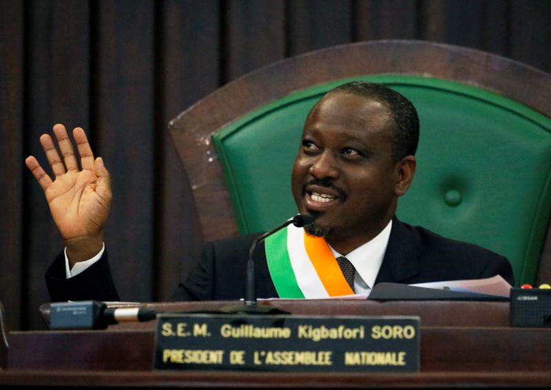 FILE PHOTO: Ivory Coast parliament speaker Guillaume Soro speaks at the National Assembly in Abidjan