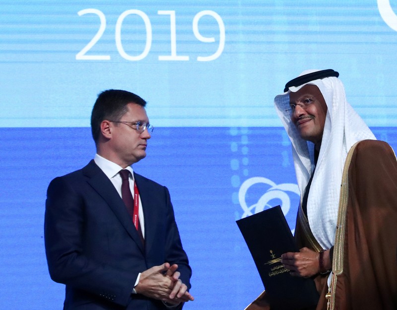 FILE PHOTO: Saudi Energy Minister Bin Salman and Russian Energy Minister Novak attend the Energy Week International Forum in Moscow