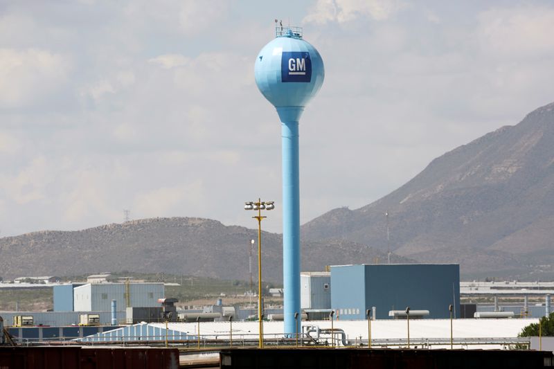 The GM logo is pictured at the General Motors Assembly Plant in Ramos Arizpe